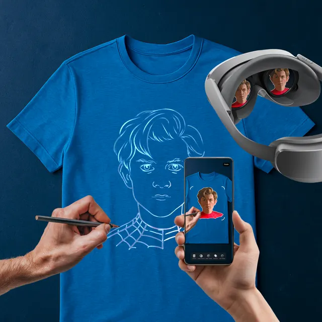 An artist tracing a mural outline through a VR headset